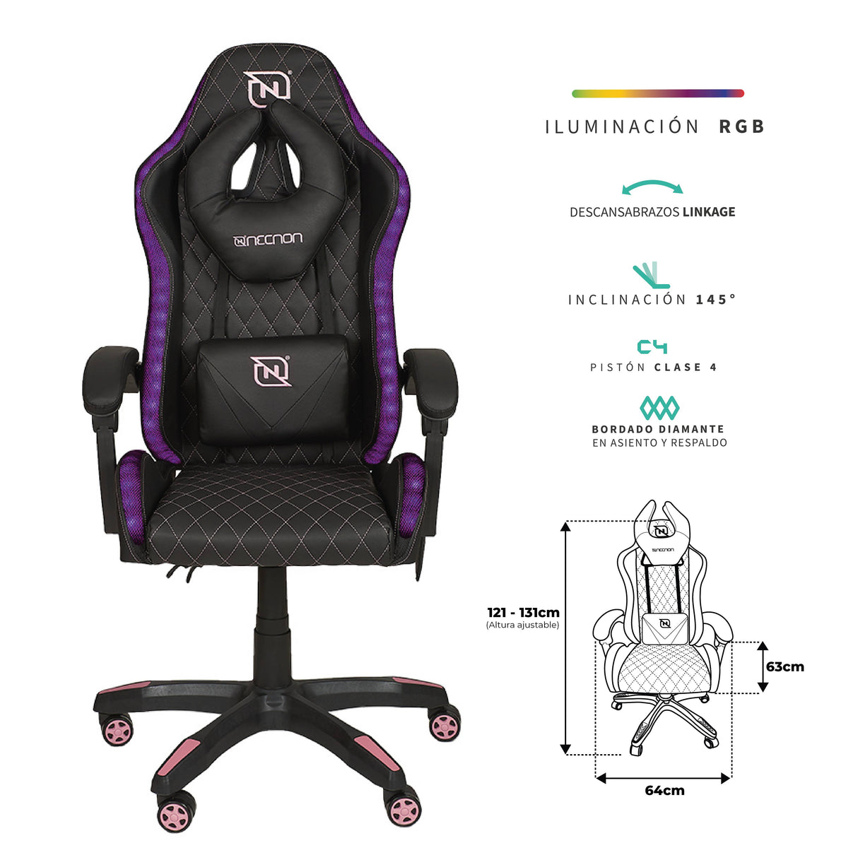 NECNON Silla Gaming NSG-RGB-1, Modelo NBSGR128RG, Diseño Ergonómico, RGB