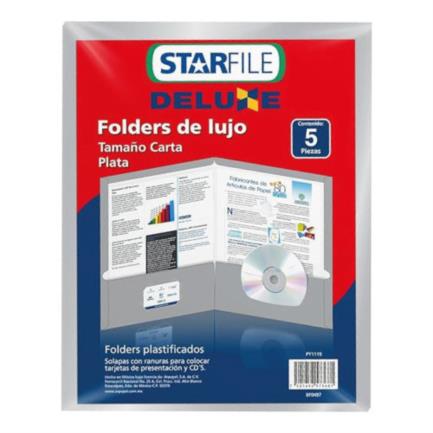 Carpeta Deluxe Plastificada Plata, tamaño carta, paquete con 5 unidades