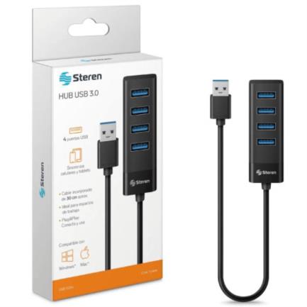 Hub Steren USB 3.0 de 4 Puertos Cable 12.5cm Negro, Transferencia 5Gbps, Plug and Play