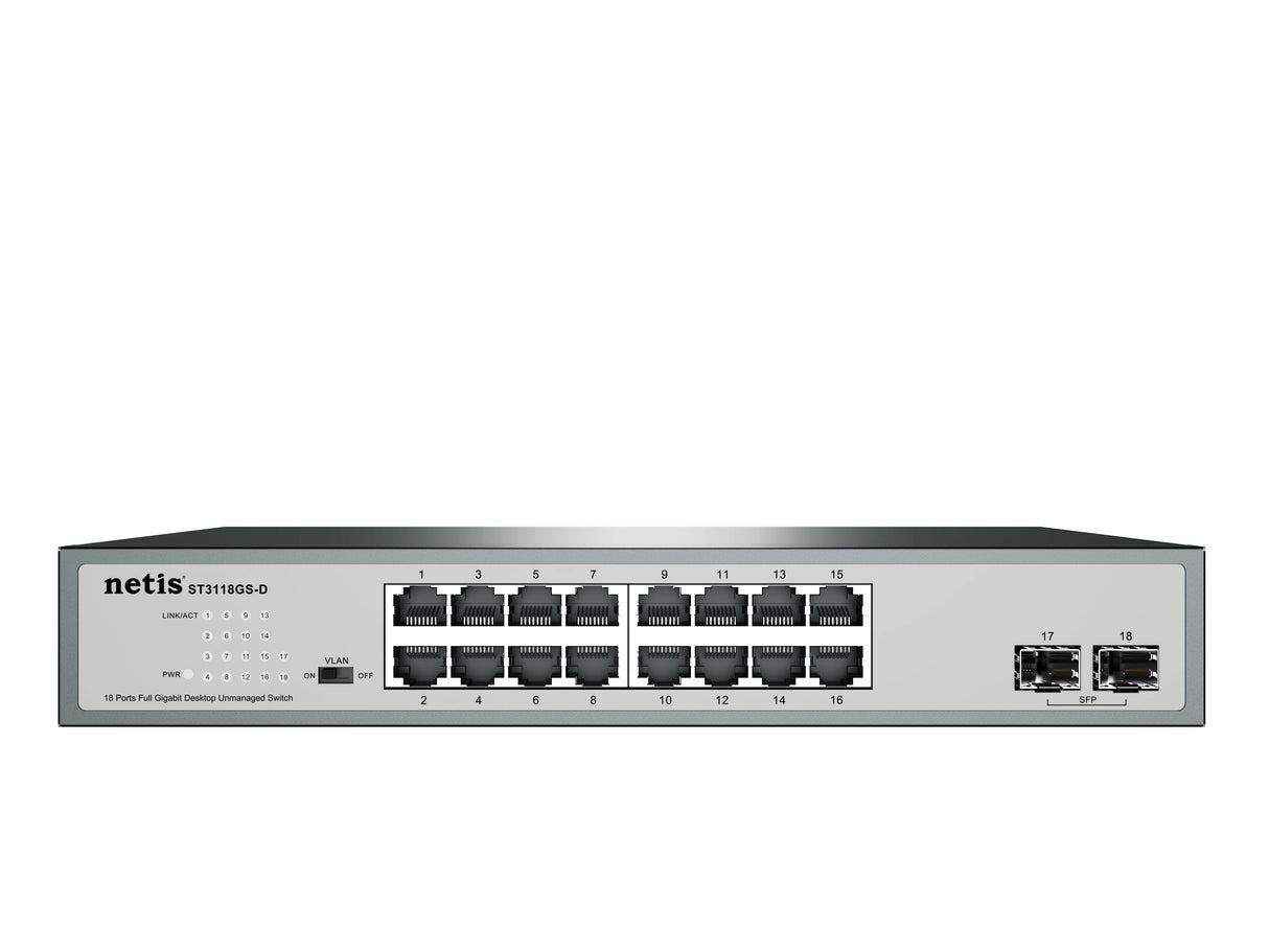 Netis System 18 Port Gigabit Ethernet Switch No administrado Gigabit Ethernet (10/100/1000) Gris, Bidireccional completo (Full duplex)