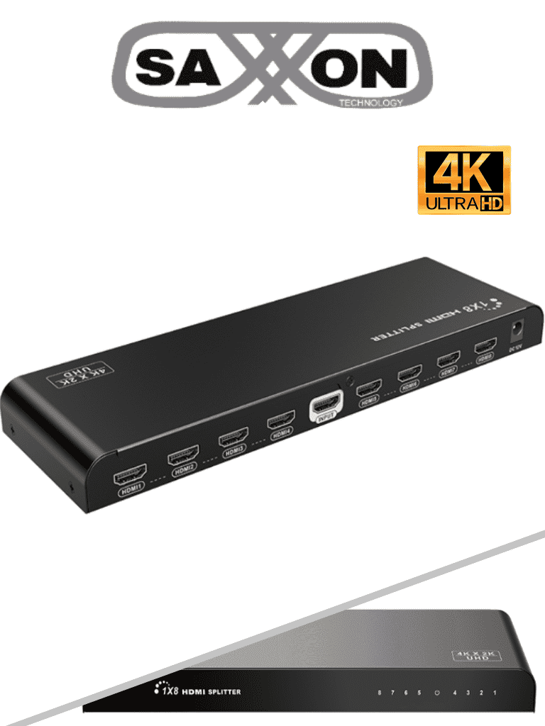 Divisor de Video HDMI Saxxon LKV318HDR V2.0, 1 Entrada y 8 Salidas, 4K 2K 30Hz, 10m, Switch EDID