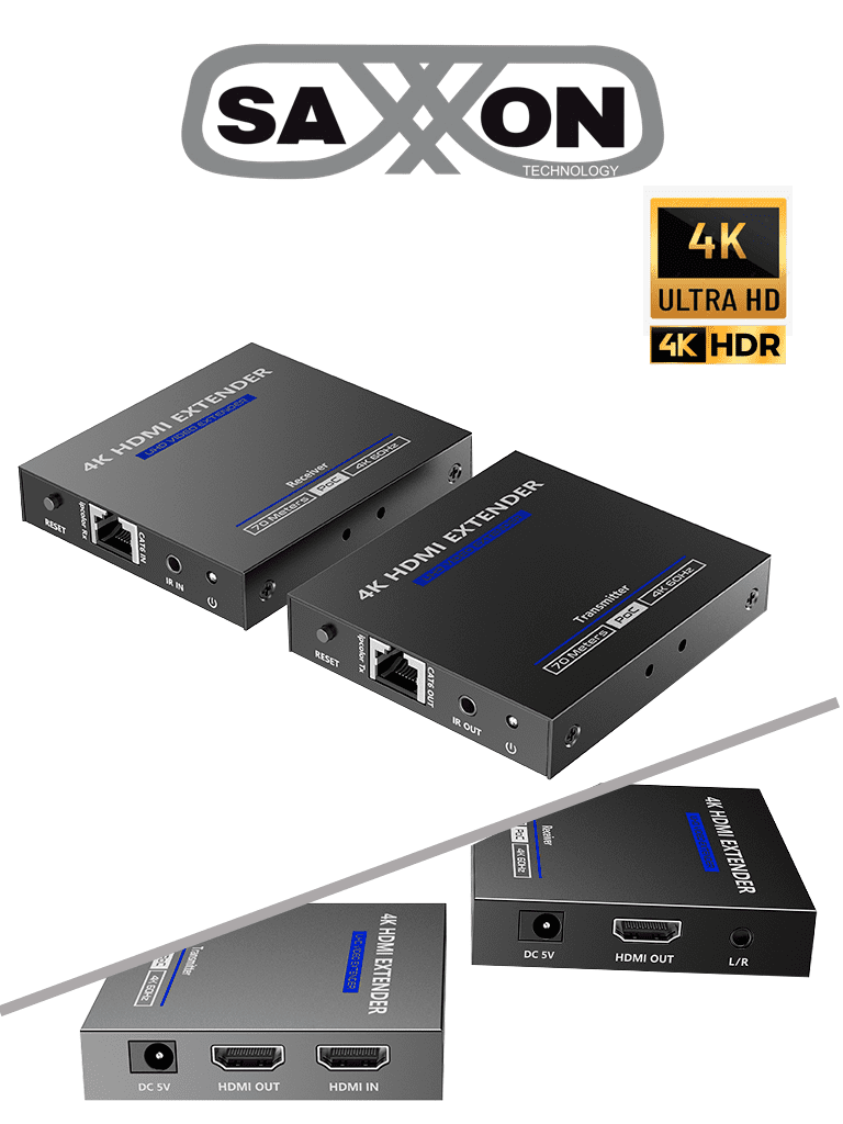 Extensor HDMI de 2 Puertos hasta 70 Metros con Cable Cat6/6A, Resolución 4K 60Hz, Transmisor IR