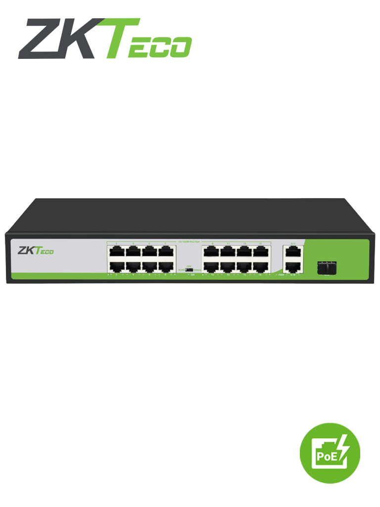 PE162-200-C ZKTECO Switch de 16 puertos fast ethernet poe af - at / 2 puertos rj45 10/100/1000m + 1 puerto sfp 1g / poe+ hasta 30w por puerto / soporta hasta 250 mts sobre utp cat 6 / autoadaptación mdi - mdix / protección contra descargas