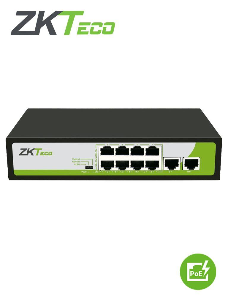 PE082-120-C ZKTECO Switch de 8 puertos fast ethernet poe af - at / 2 puertos rj45 10/100m / poe+ hasta 30w por puerto / soporta hasta 250 mts sobre utp cat 6 / autoadaptación mdi - mdix / protección contra descargas