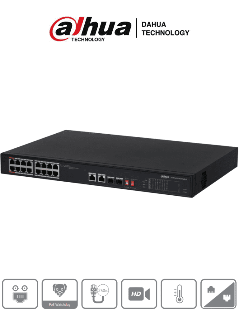 Switch PoE Ethernet Dahua PFS3218-16ET-135 - 18 Puertos/ 16 PoE 10/100 Mbps/ 135W/ 2 SFP/ 7.2 Gbps/ 5.3568 Tasa de Reenvio