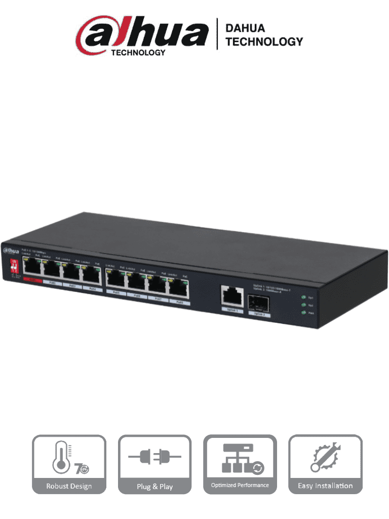 Switch PoE Dahua PFS3110-8ET1GT1GF-96 10 Puertos/8 PoE/1 SFP 1000 Mbps/1 Uplink 10/100/1000/96W/250Mts/IEEE 802.3bt