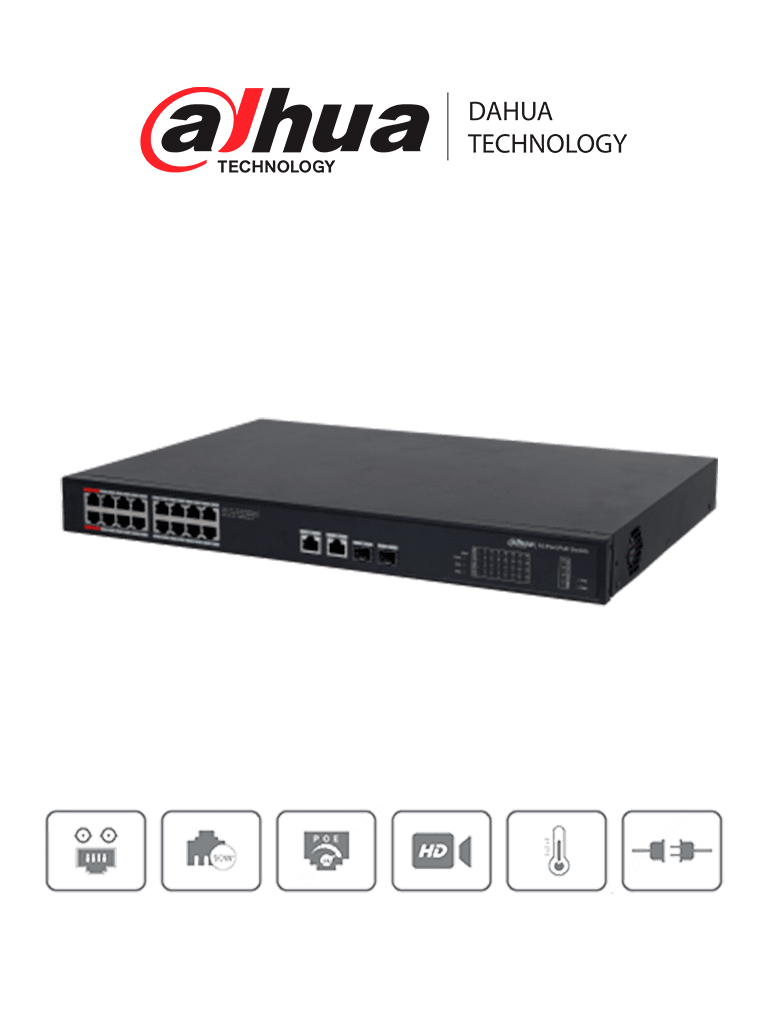 Switch PoE Dahua PFS3220-16GT-190 - 16 Puertos Gigabit/ 90W/ 190W/ 2 Puertos SFP/ IEEE802.3af, IEEE802.3at, IEEE802.3bt