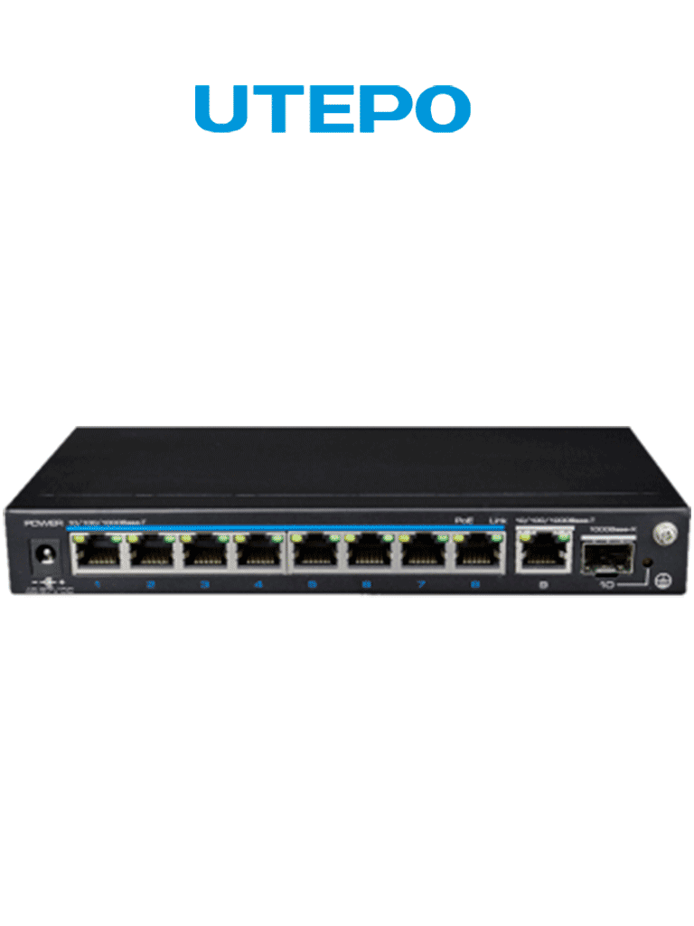 Switch PoE UTEPO UTP3GSW0802TSP120: 8 Puertos PoE 10/100/1000 Mbps, 1 Puerto RJ-45 10/100/1000 Mbps, 1 Puerto SFP 1000 Mbps, PoE 120W