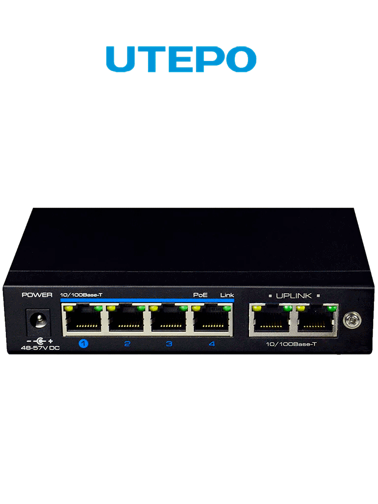 Switch PoE UTEPO UTP3SW04TP60 - 6 puertos Fast Ethernet, 4 PoE (60W), 2 uplink, 802.3af/at, CCTV