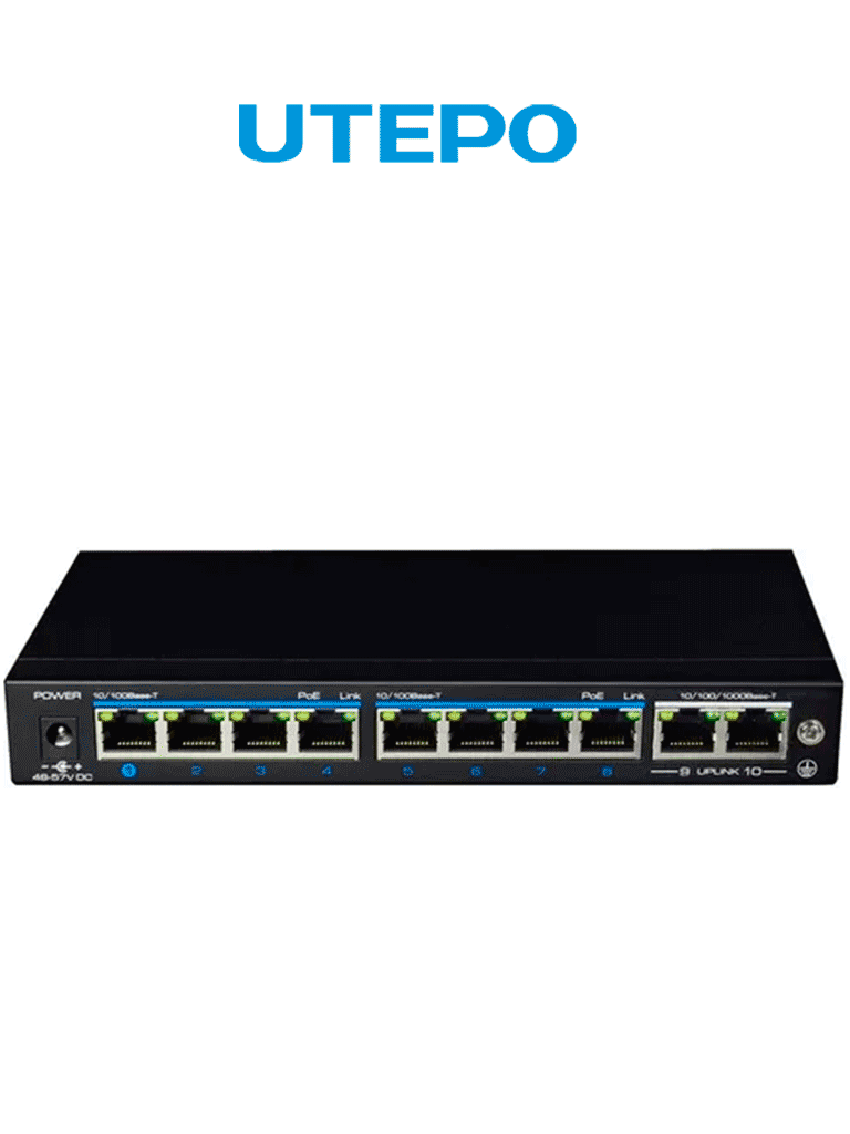 Switch Utepo UTP3SW08TP120A1 10 Puertos 8 PoE 10/100 Mbps 2 Uplink 10/100/1000 Mbps 802.3af/at PoE 120W hasta 250m CCTV