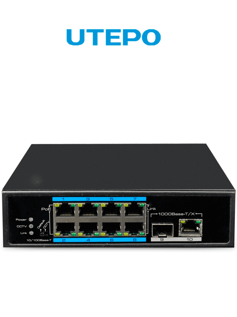 UTEPO Switch industrial poe+ de 10 puertos: 8 poe 10/100 mbps, 1 sfp 1000 mbps, 1 rj-45 10/100/1000 mbps, poe 120w, 802.3af/at, hasta 250m en modo cctv, montaje en din rail UTP7108E-POE