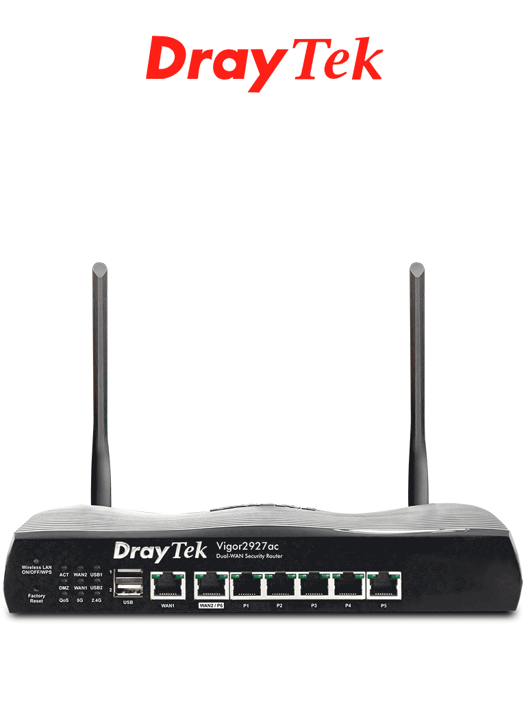 Ruteador DRAYTEK VIGOR2927AC Multi WAN, 1 puerto WAN GE RJ45, 1 puerto LAN/WAN, 5 puertos LAN GE, 50 VPN, 2 USB, WiFi AC 1733 Mbps