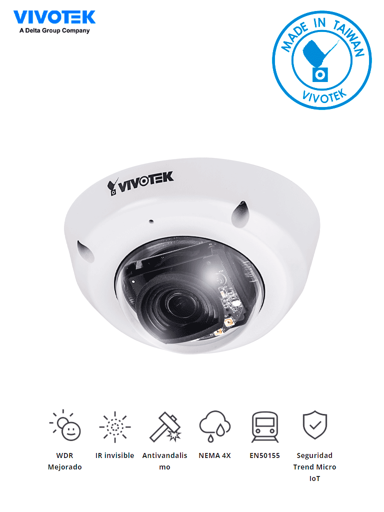 Cámara IP Domo Vivotek MD8565N Exterior 2MP 2.4mm IP66 IK10 NEMA4X Smart IR 10m Dual Power POE ONVIF