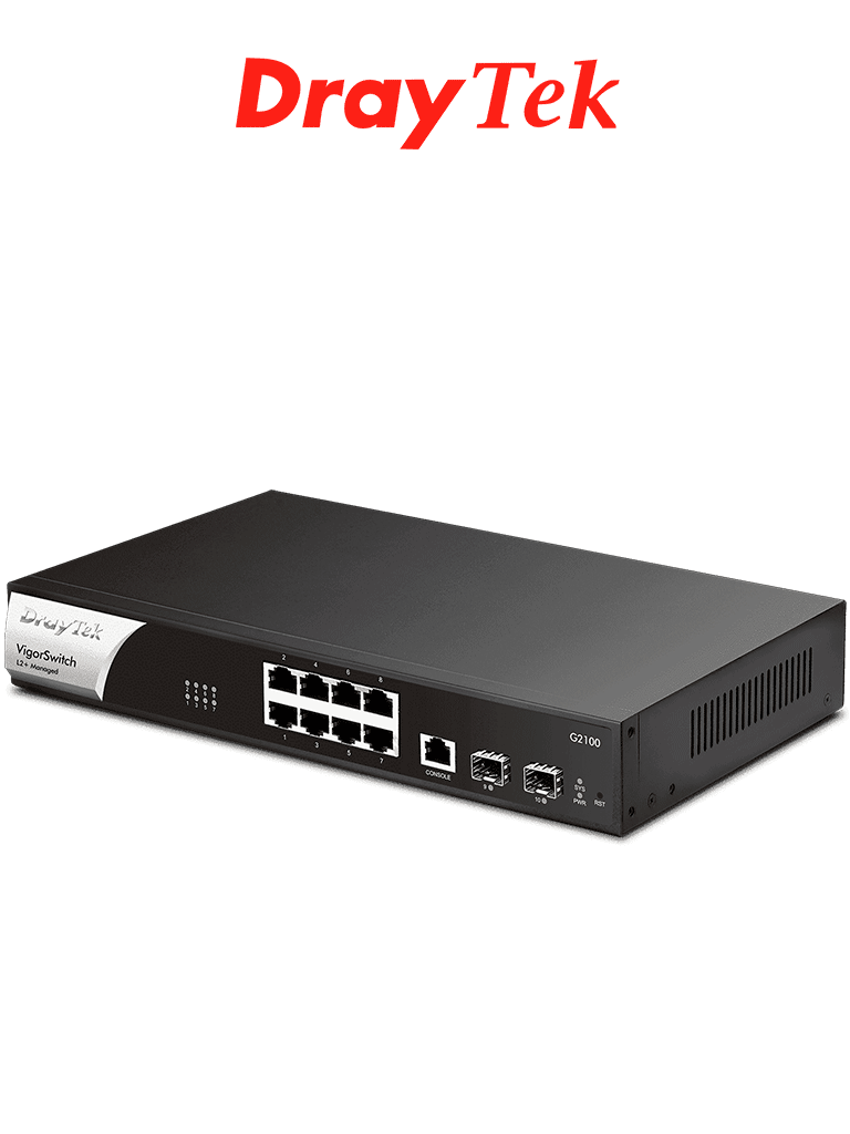 Switch Gigabit administrable 10 puertos DRAYTEK VigorSwitch G2100, 8 puertos 10/100/1000Mbps, 2 SFP, capa 2/3, DHCP, VLAN, interfaz web
