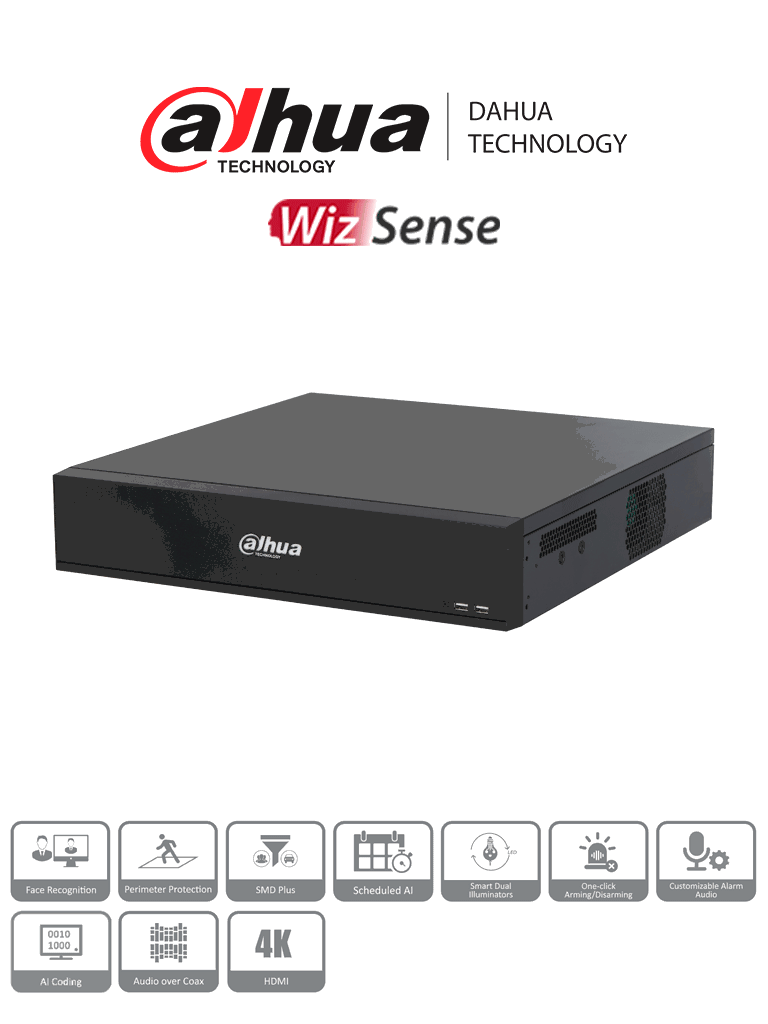 DVR Dahua XVR7816S-4K-i3: 16 Canales 4K, H.265, 8 Bahías HDD, 16 IP, 6 Canales Facial SMD, IA, IoT, POS