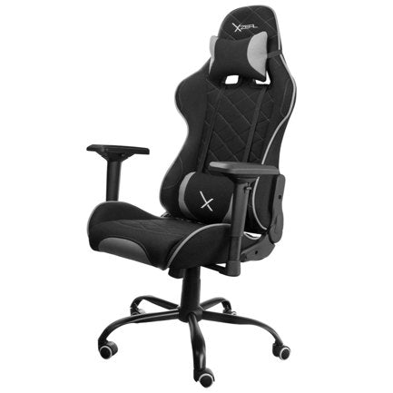 Sillas Gamer Negro X25, Tela Automotriz, Brazos 4D Piston clase 4 150kg, Reclinable 180º, Soporte Lumbar y Cervical, Estrella metalica negra