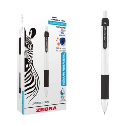 Bolígrafo Zebra Antimicrobial Retráctil J-Roller RLV Negro, 0.7mm, Tinta Gel, Pack 12