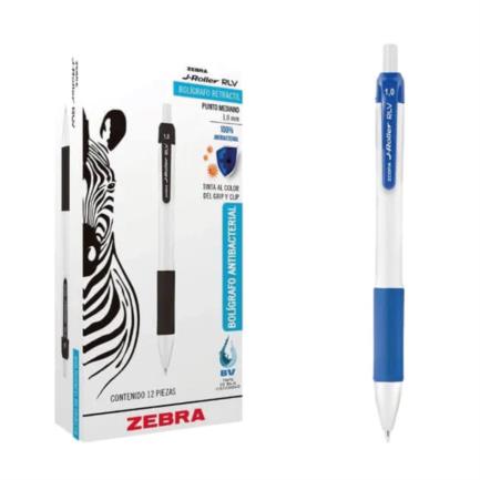 Bolígrafo Zebra Antimicrobial Retráctil J-Roller RLV Azul, Tinta Gel 0.7mm, Pack de 12