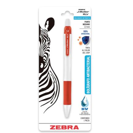Bolígrafo Zebra Antimicrobial Retráctil J-Roller RLV Rojo, Tinta Gel 0.7mm, Pack 3 Unidades