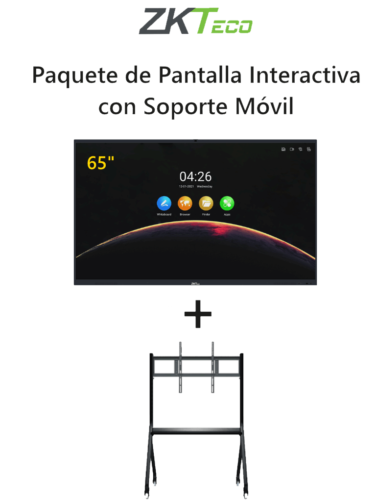 Pantalla Interactiva ZKTECO IWB65BPAQ 65", Soporte Desplazable IWBA01B, Tecnología táctil