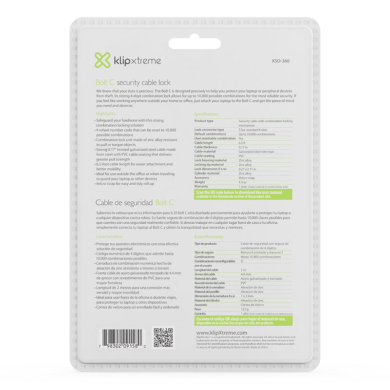 Klip Xtreme Bolt C cable antirrobo Negro, Plata 2 m, Kensington, Código, Acero galvanizado