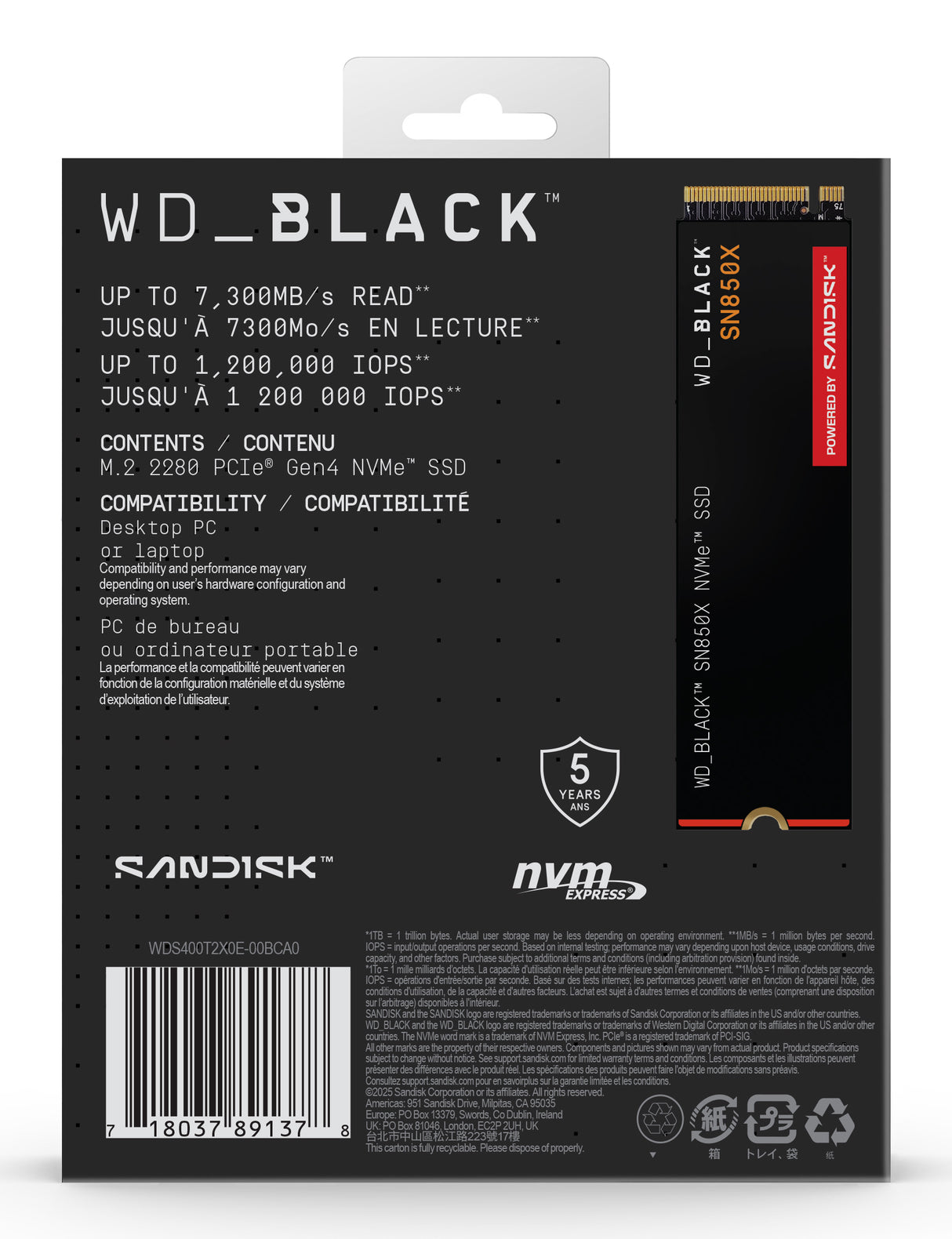 WD SSD Interno Black SN850X 4TB M.2 2280 NVMe, Lectura 7300MB/s, Escritura 6600MB/s, TBW 2400