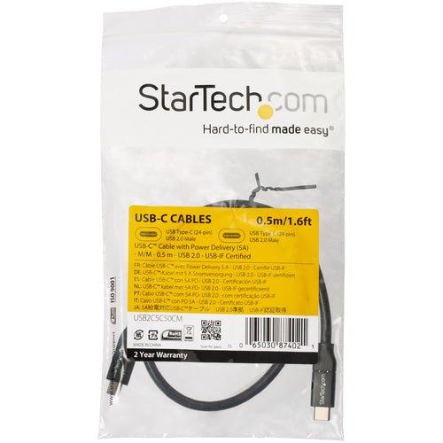 StarTech.com Cable de 50cm USB-C a USB-C con capacidad para Entrega de Alimentación de 5A - USB TipoC - Cable de Carga U
