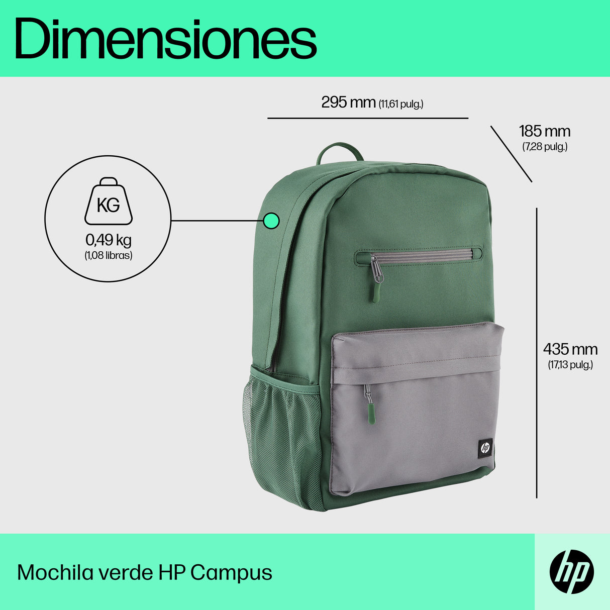 HP Mochila HP Campus verde Laptop Gray; Green 39,6 cm (15.6") Mochila Poliéster, Poliespuma