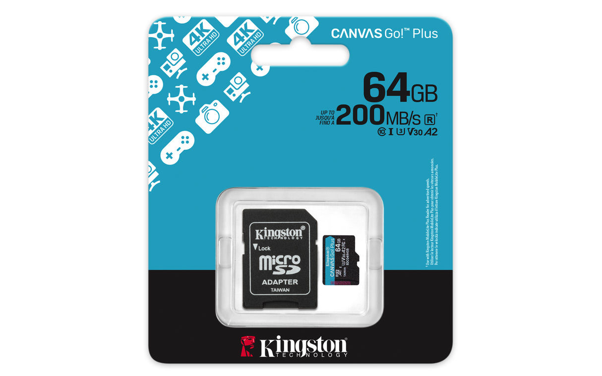 Kingston Technology Tarjeta microSDXC Canvas Go Plus Gen4 de 64 GB, 200 MB/s, A2 U3 V30 y adaptador Memoria Flash 64 GB