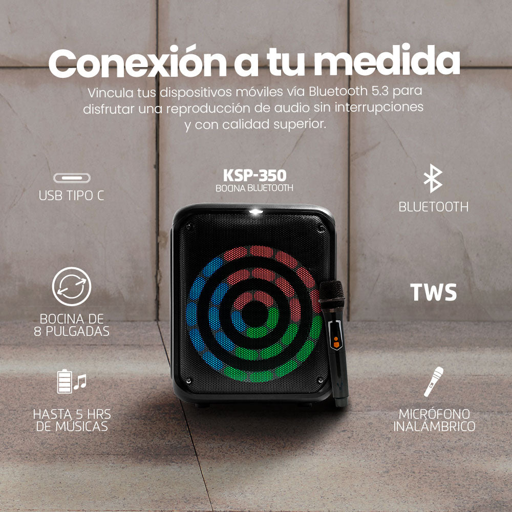 BAFLE VORAGO KSP-350 NEGRO 8" 30WATTS RMS TECNOLOGÍA DSP / USB / MSD/ 3.5MM / RECARGABLE / TWS BT 5HRS CARGA USB TIPO C