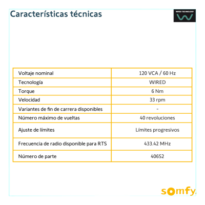 LSN40/50EM - Somfy Motor Tubular Mecánico / 4 Hilos / 120 VCA LSN40/50EM