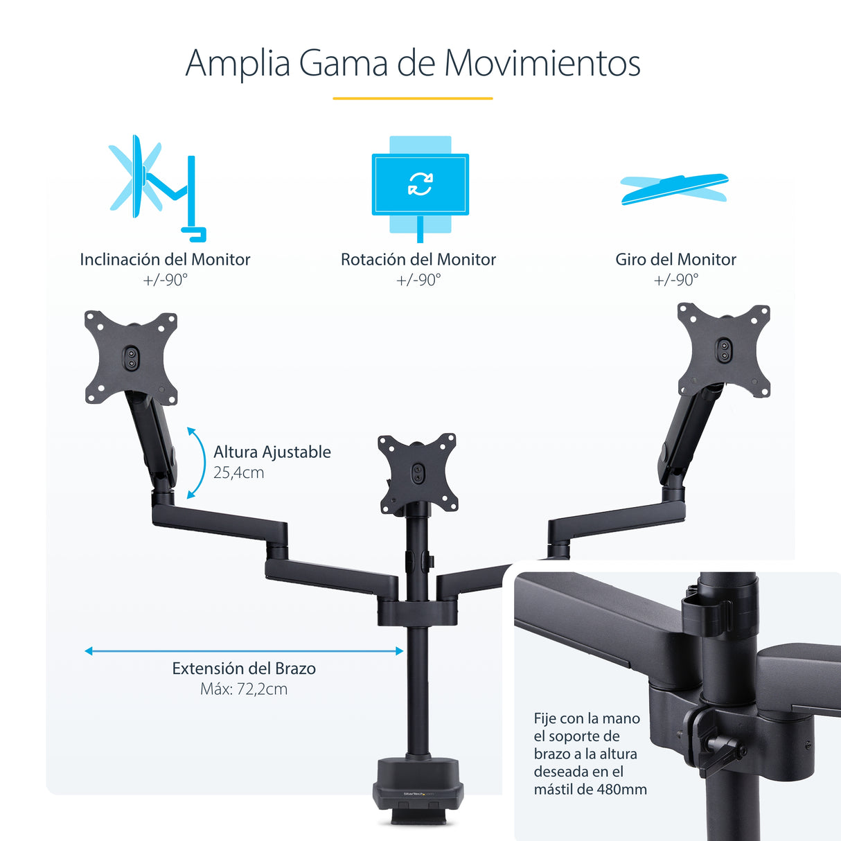 StarTech.com Soporte de Escritorio para 3 Monitores VESA 75x75/100x100 de 27 Pulgadas - Grommet o Abrazadera en C - Ajus