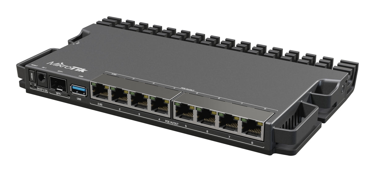 RB5009UPr+S+IN, Ruteador PoE, 8xGEth PoE in/out, 1xSFP+, CPU 1.4G, 1G RAM, RouterOS v7