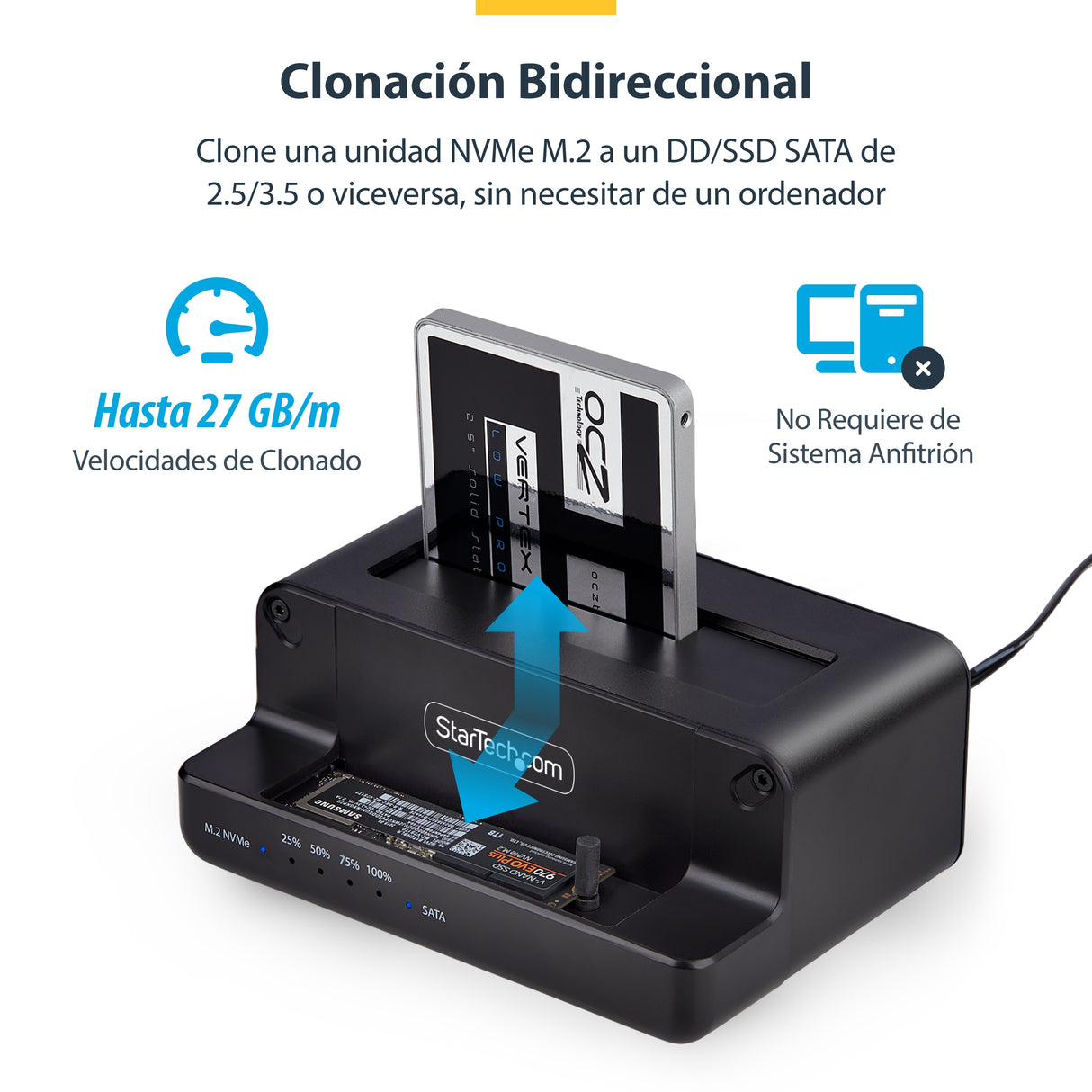 StarTech.com Clonador NVMe M.2 a SATA de 2.5/3.5 - Dock Duplicador Autónomo de 2 Bahías para SSD - Bidireccional NVMe a
