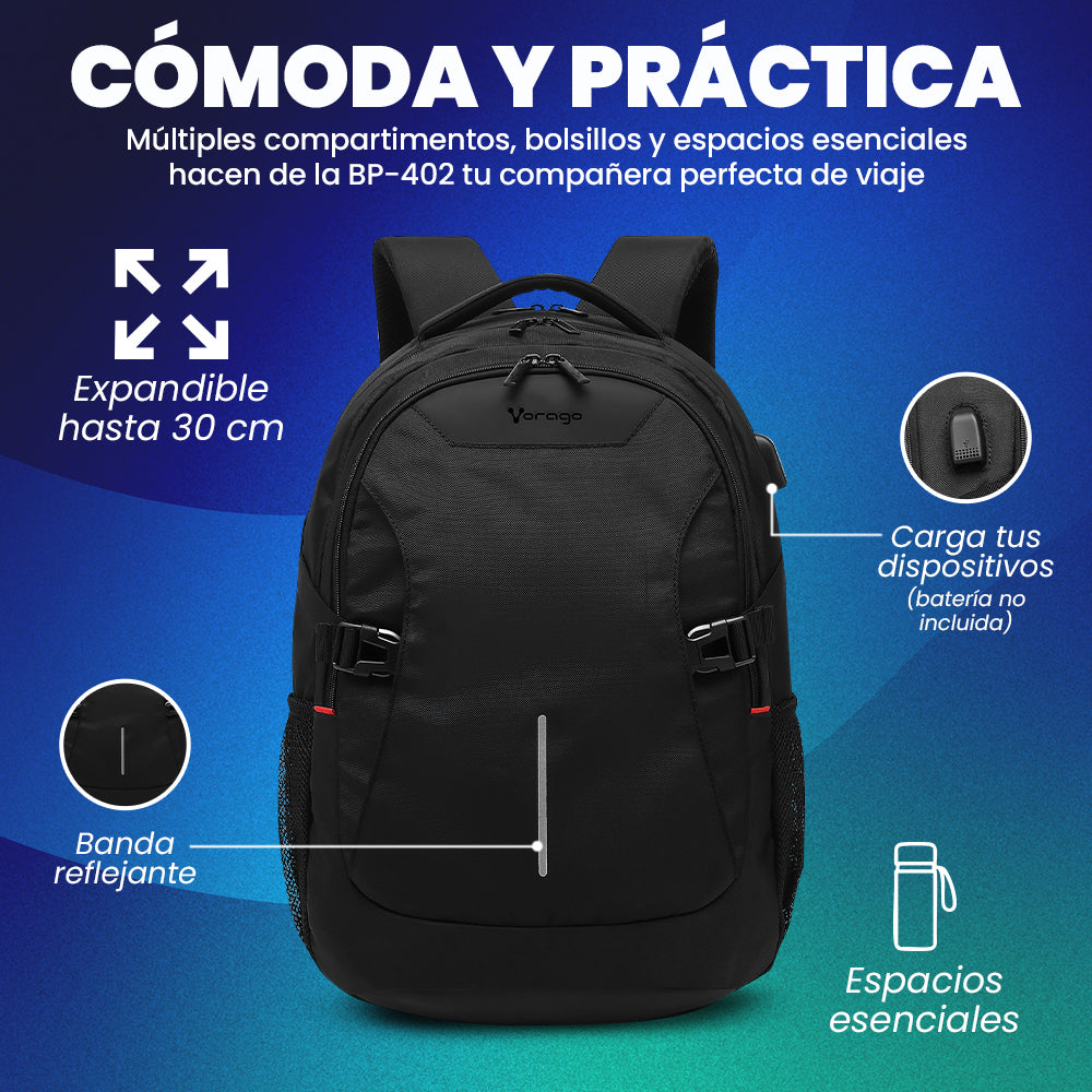 MOCHILA VORAGO BP-402 EXPANDIBLE PARA LAPTOP 15.6" NEGRA USB