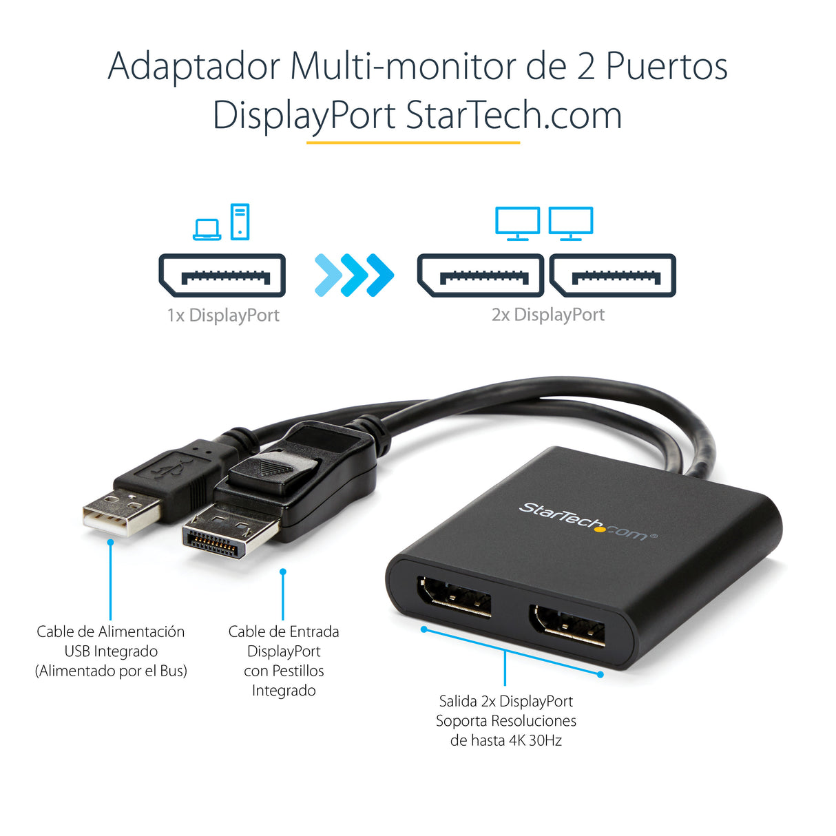 StarTech.com Hub MST de 2 Puertos DisplayPort 1.2 - Divisor Splitter DP de 2 Monitores - Adaptador DP a 2x DisplayPort 4K 30Hz - Alimentado por USB - Windows Solamente divisores de vídeo DisplayPort 2x DisplayPort 2 Negro