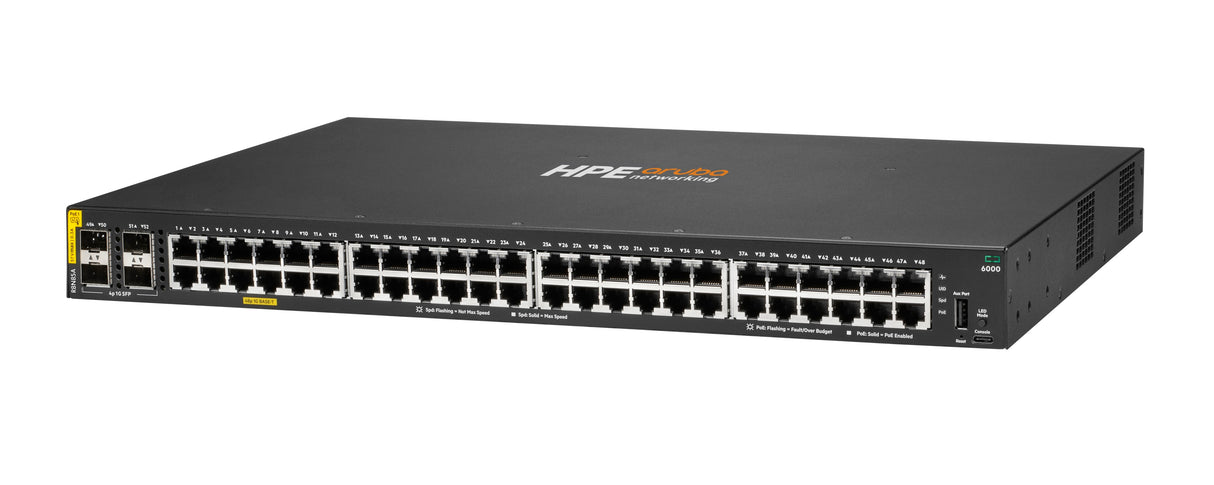 HPE Aruba Networking CX 6000 48G Class4 PoE 4SFP 370W Switch, Gestionado, Gigabit Ethernet (10/100/1000), Energía sobre