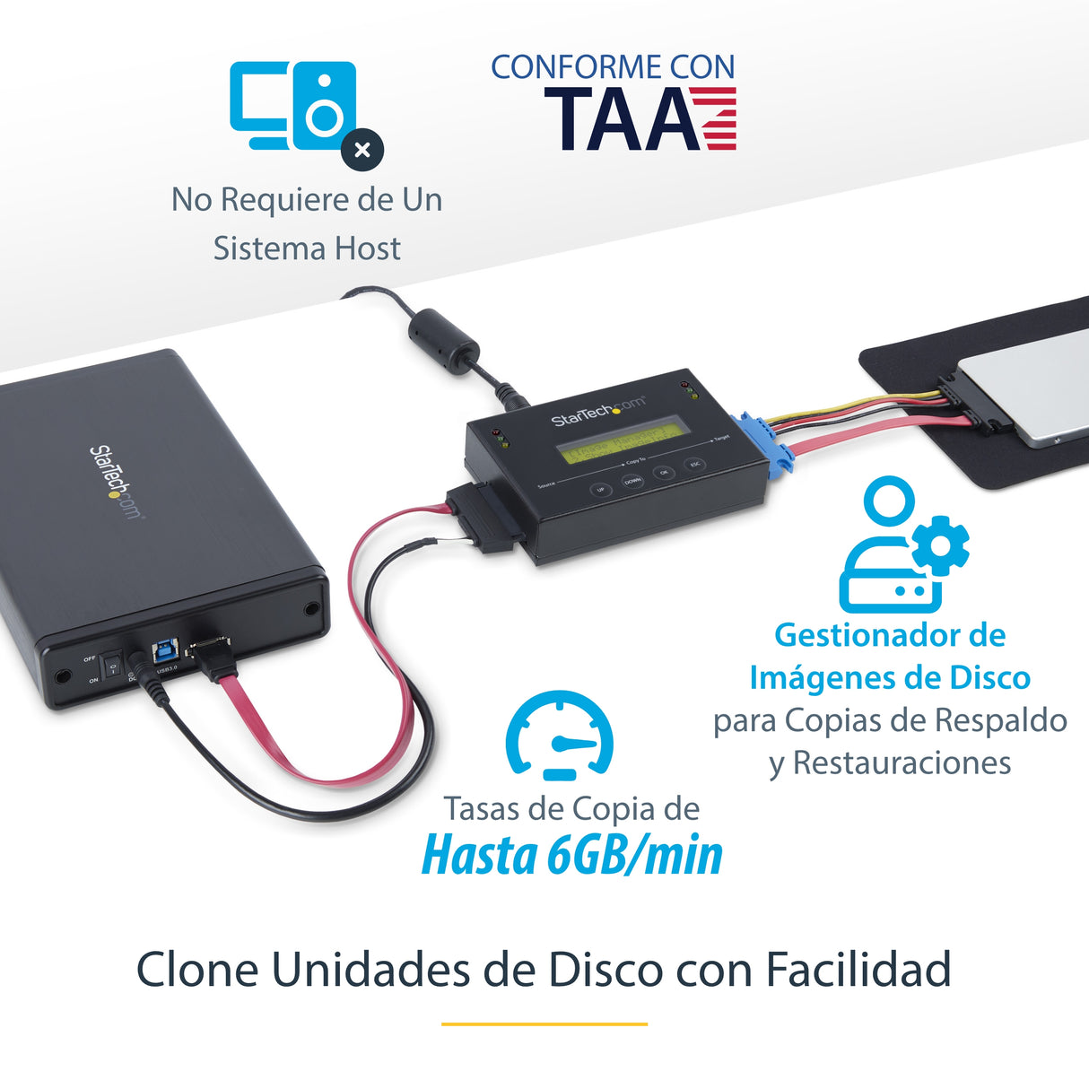 StarTech.com Duplicador Clonador Autónomo de Discos Duros o SSD SATA 1:1 con Gestor de Imágenes de Disco - para Copias d