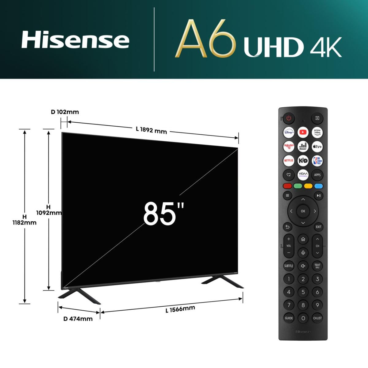 Hisense 85A6N 2.16 m (85") 4K Ultra HD Smart TV Wifi Negro 400 cd / m², 3840 x 2160 Pixeles, LED