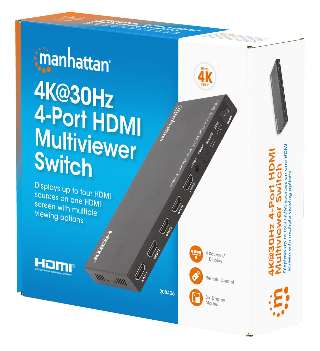Manhattan Multiviewer/conmutador HDMI 4K de 4 puertos, 4 entradas a 1 pantalla, 4K@30 Hz, modos PiP
