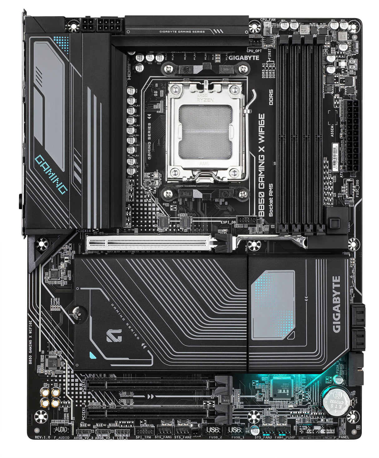 GIGABYTE B850 GAMING X WIFI6E Placa Base - Procesadores AMD Ryzen Serie 9000, VRM digital de 12+2+2 fases, hasta 8200MHz DDR5 (OC), 1xPCIe 5.0 + 2xPCIe 4.0 M.2, LAN 2.5G, WIFI 6E, USB 3.2 Gen 2x2 placas base AMD Zócalo AM5 Zócalo AM5 DDR5-SDRAM