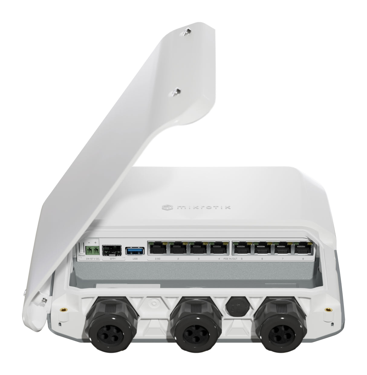 RB5009UPr+S+OUT, Ruteador PoE, 7xGEth, 1x2.5GigaEth, 1xSFP+ 10G, 8xPoE 802.3af/at, RouterOS