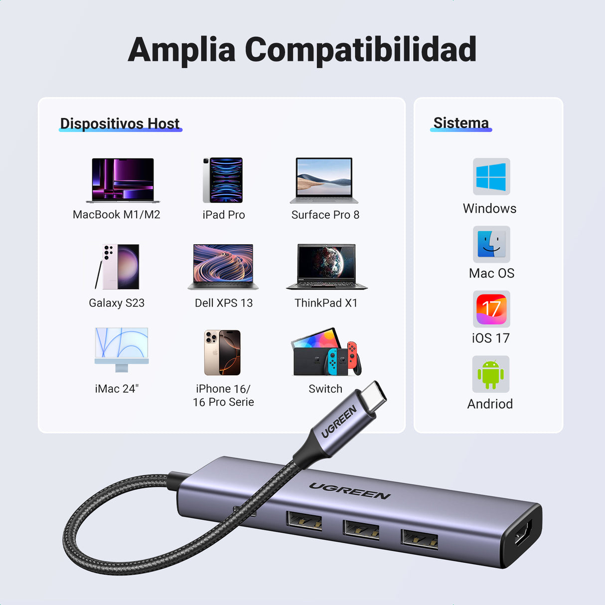 Ugreen 15596 base para portátil y replicador de puertos Alámbrico USB 3.2 Gen 1 (3.1 Gen 1) Type-A + Type-C Aluminio