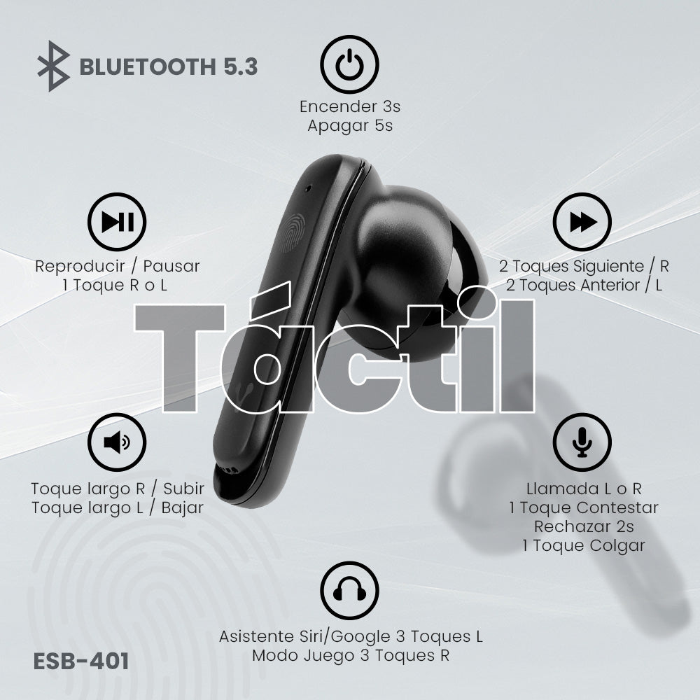 AUDIFONO VORAGO ESB-401 EARBUD BT 5.3 IPX4 6HRS+3CARGAS TWS DISPLAY DE DURACIÓN BATERIA
