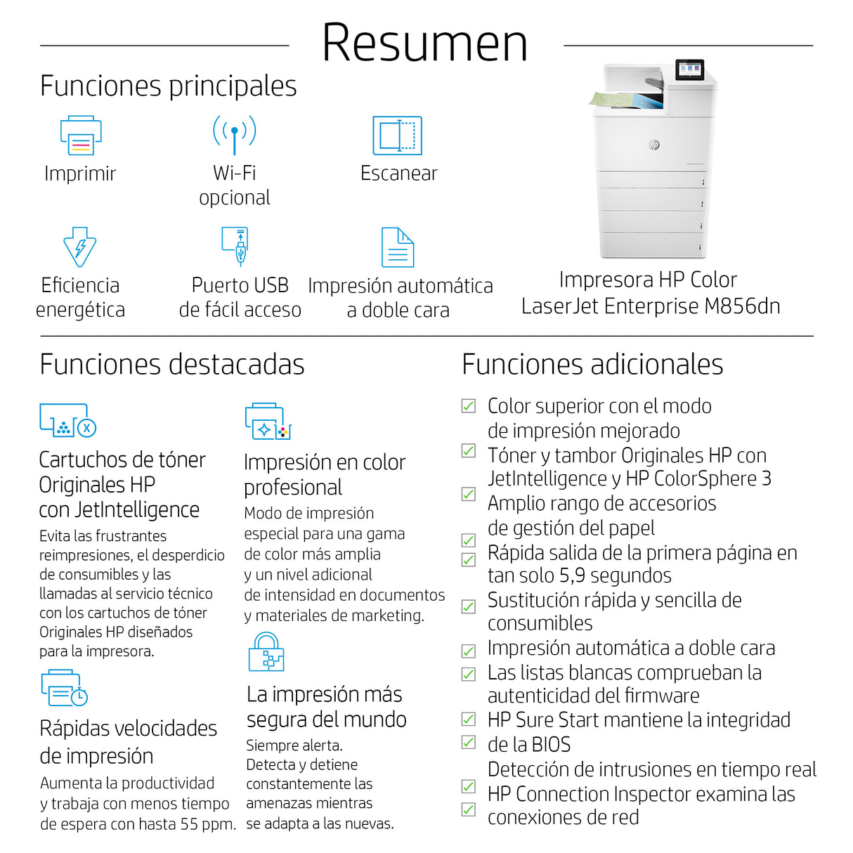 HP Color LaserJet Enterprise LaserJet Enterprise M856dn Color Impresora, Solo Ethernet; A doble cara Impresora Laser WiFi Blanco