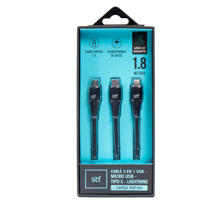 STF ST-A36885 cable USB 1.8 m USB A USB C/Micro-USB B/Lightning Negro | Cables USB