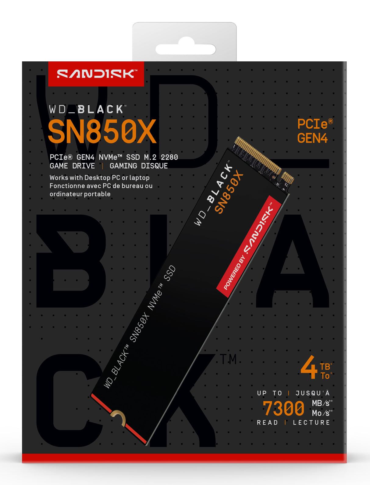 WD SSD Interno Black SN850X 4TB M.2 2280 NVMe, Lectura 7300MB/s, Escritura 6600MB/s, TBW 2400