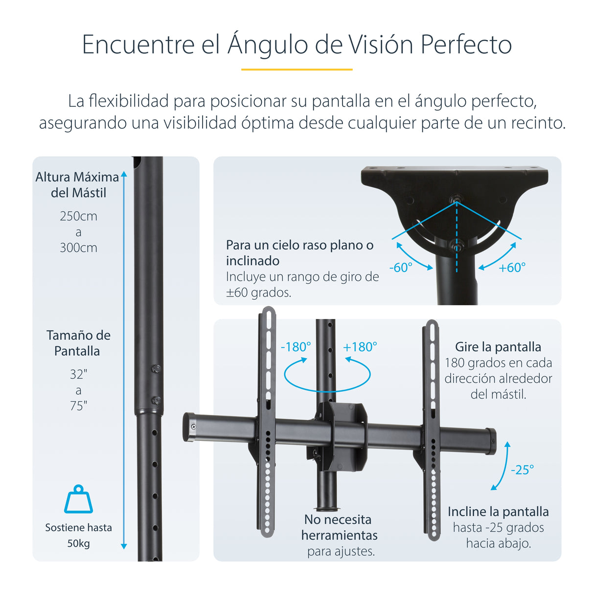 StarTech.com Soporte de Techo para TV - Soporte Universal de Cielo Raso para TV con Mástil Telescópico Largo Ajustable - Soporte VESA para Pantallas de 32" a 75" - Giro e Inclinación Monitor