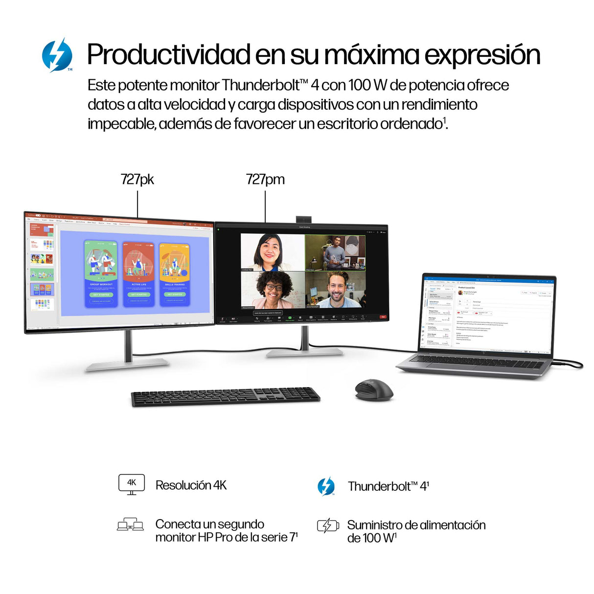 HP Monitor de videoconferencia 4K HP Pro de la serie 7 de 27 pulgadas: 727pm Monitor 68,6 cm (27") 3840 x 2160 Pixeles 4K Ultra HD Edge LED Negro