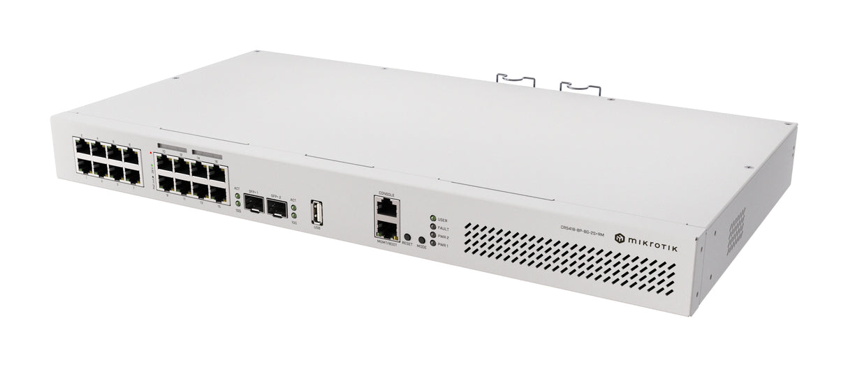 CRS418-8P-8G-2S+RM, Router Switch 17xGEth, 8xPoE/at, 2xSFP+10G RouterOS L5, 1UR, doble PSU